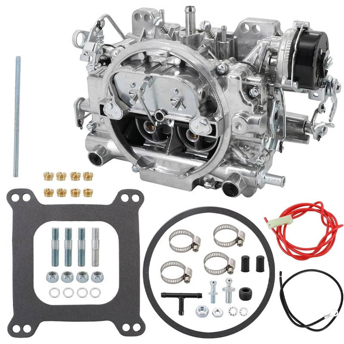 Four-barrel carburetor with included gaskets and small hardware, side view with kit pieces.