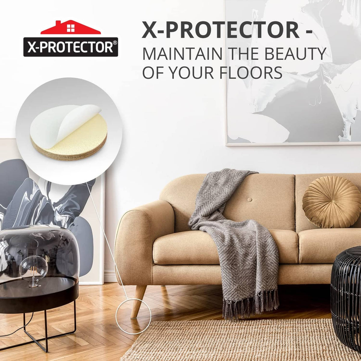 Round beige felt furniture pad with adhesive backing for floor protection