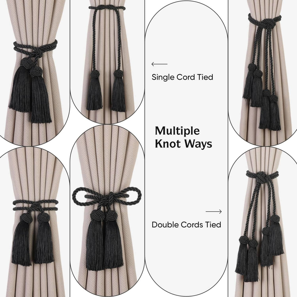 Black curtain tieback with multiple-knot styling and hanging tassels on braided cords