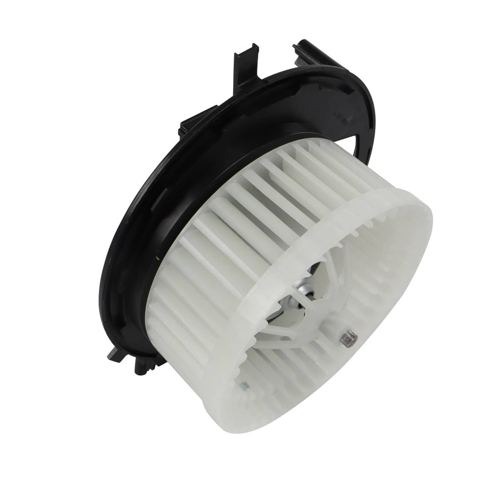 HVAC blower motor with white fan wheel, black shroud, and metal shaft