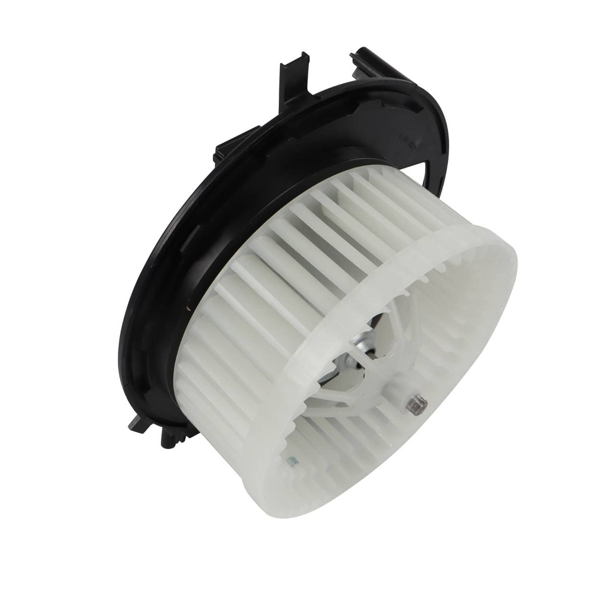HVAC blower motor with white fan wheel, black shroud, and metal shaft
