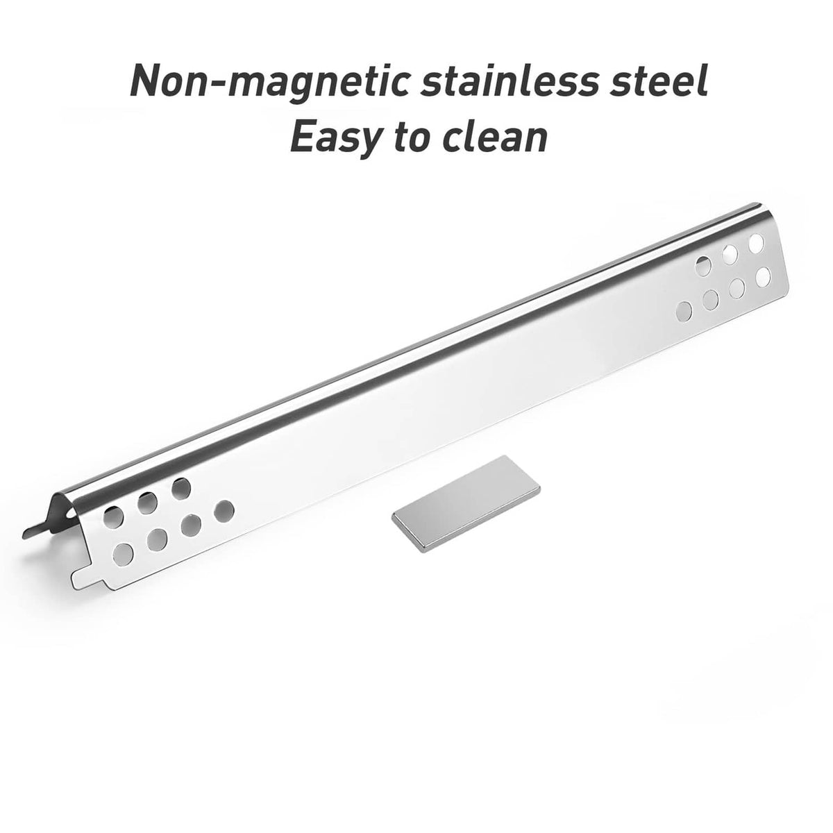 Stainless steel burner bar with perforated holes and end mounting bracket