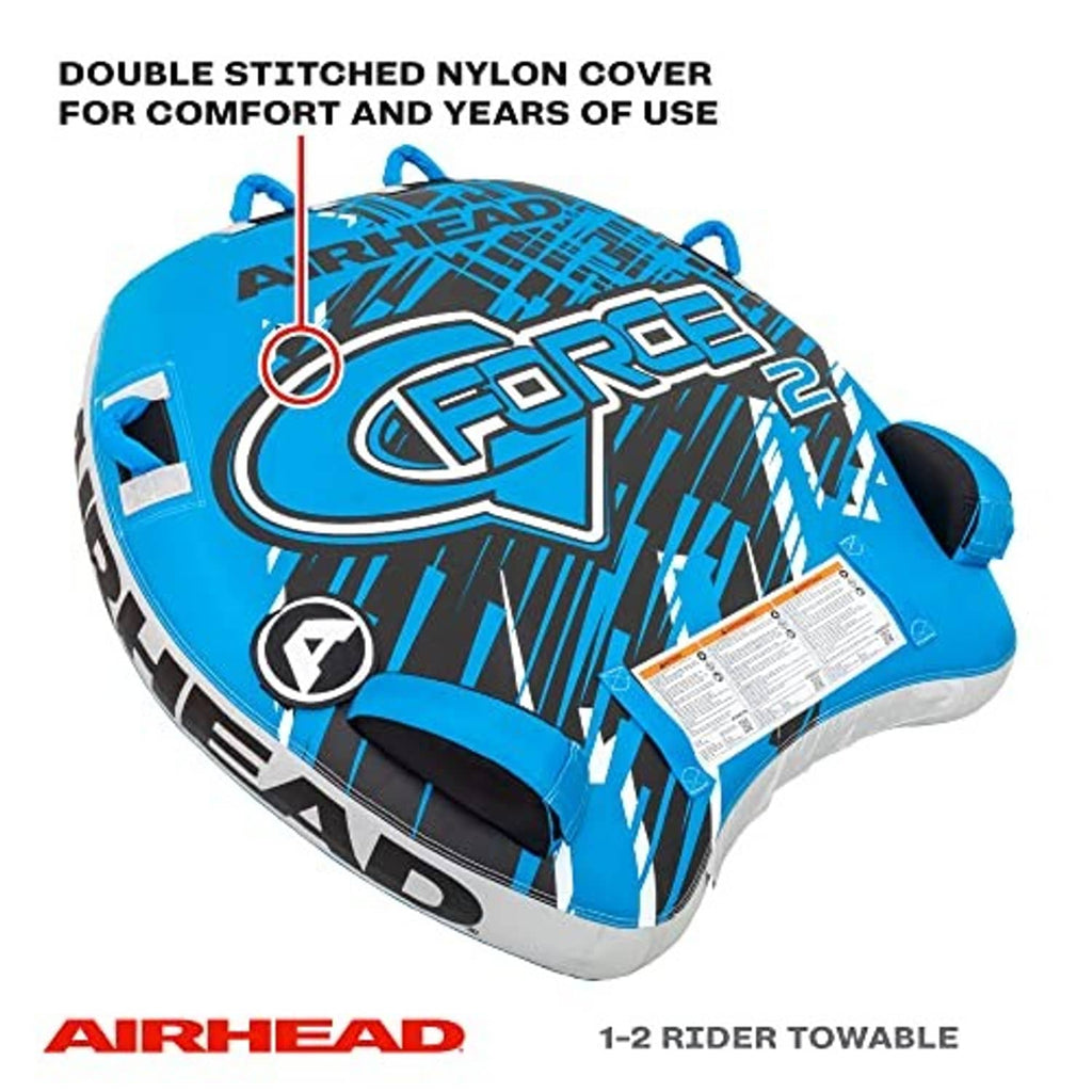 Blue and white AIRHEAD 2-rider inflatable towable tube with padded rider handles