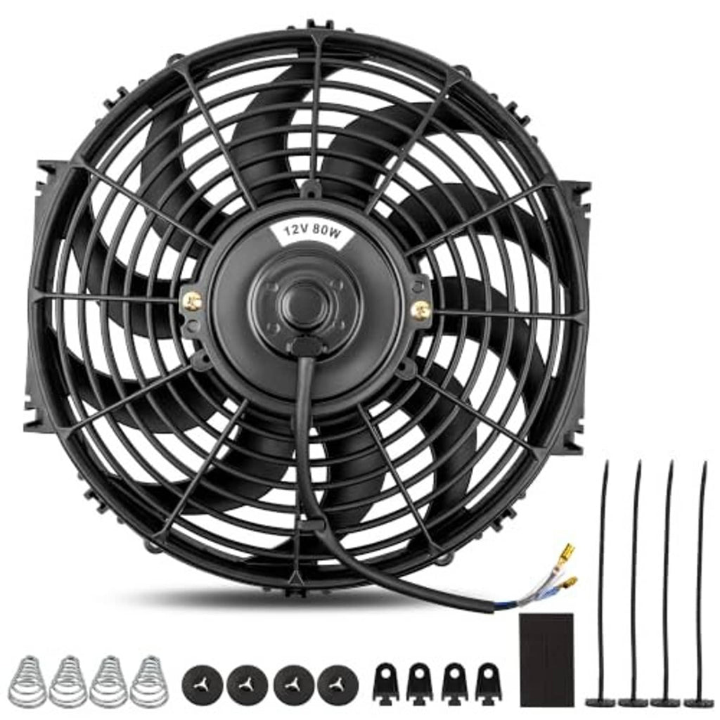 Black 8-inch slim electric radiator fan with grille, motor hub, and visible leads