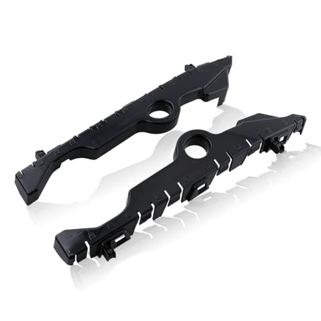 Black front bumper cover guide bracket pair with snap tabs and round mounting holes