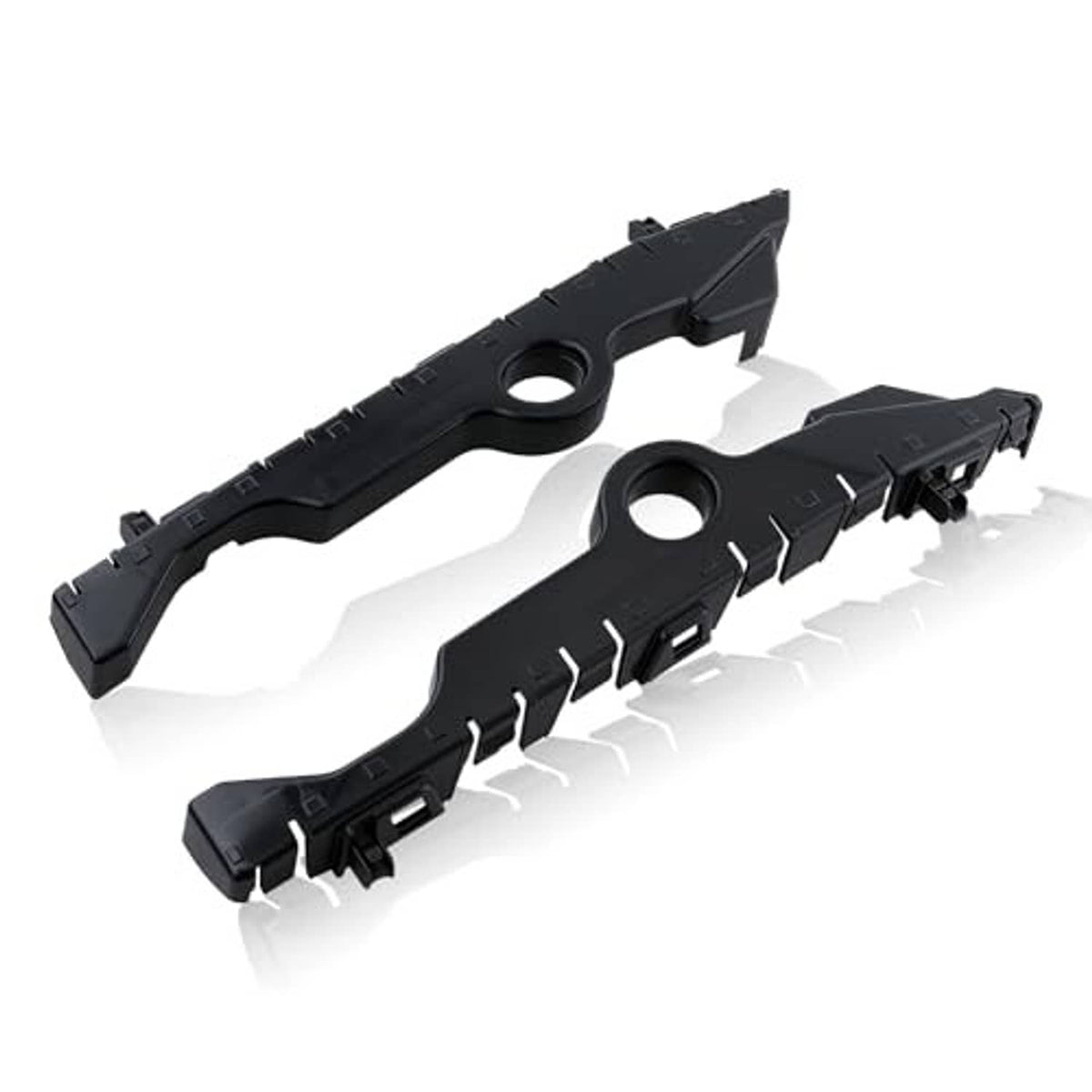 Black front bumper cover guide bracket pair with snap tabs and round mounting holes