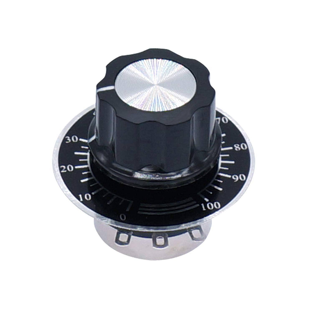 Rotary potentiometer with black ribbed knob and metal dial ring marked with scale