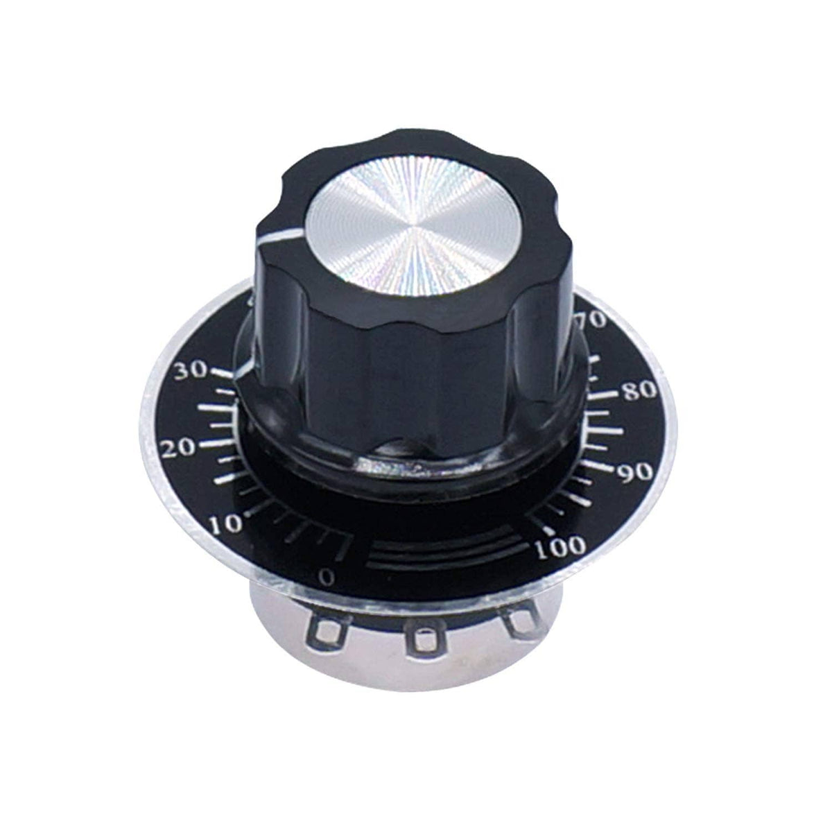 Rotary potentiometer with black ribbed knob and metal dial ring marked with scale