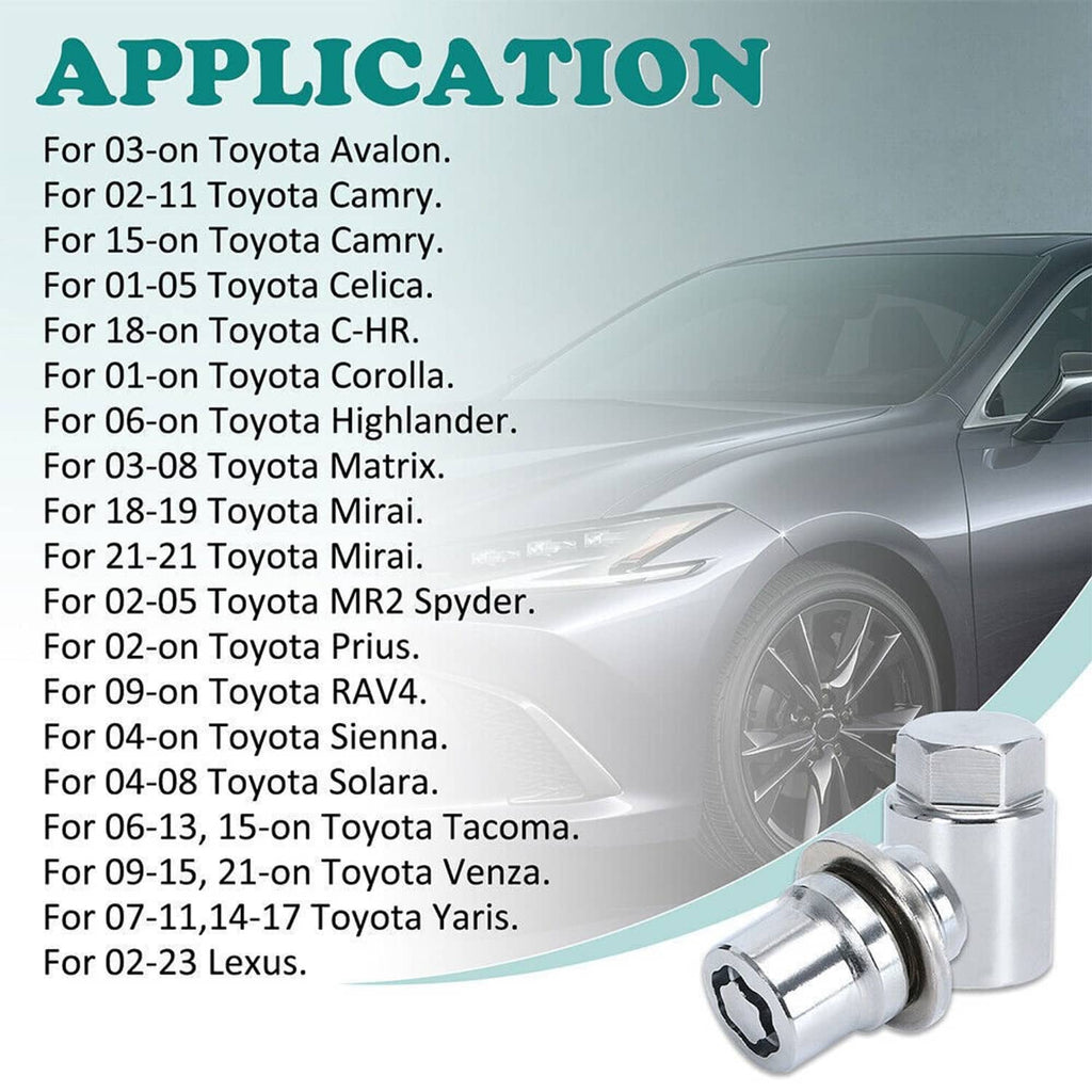 Alloy wheel lock lug nut set with a hex socket locking head, shown for Toyota/Lexus fit
