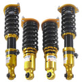 Gold coilover strut with black spring and top mount hardware, shock absorber assembly