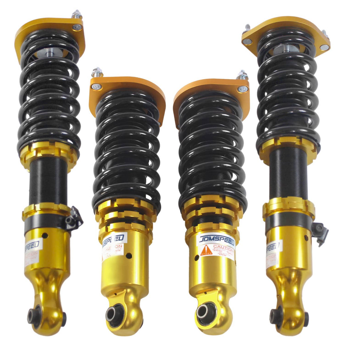 Gold coilover strut with black spring and top mount hardware, shock absorber assembly