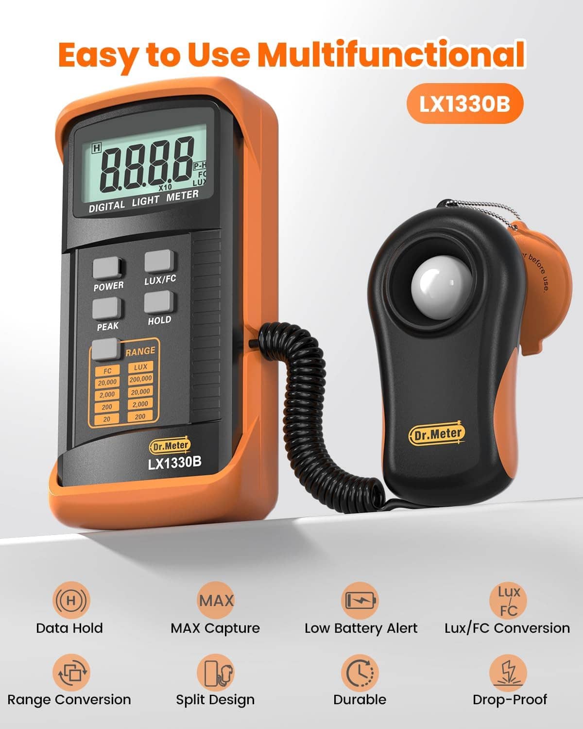 Digital light meter with orange/gray body, LCD screen, and detached dome sensor