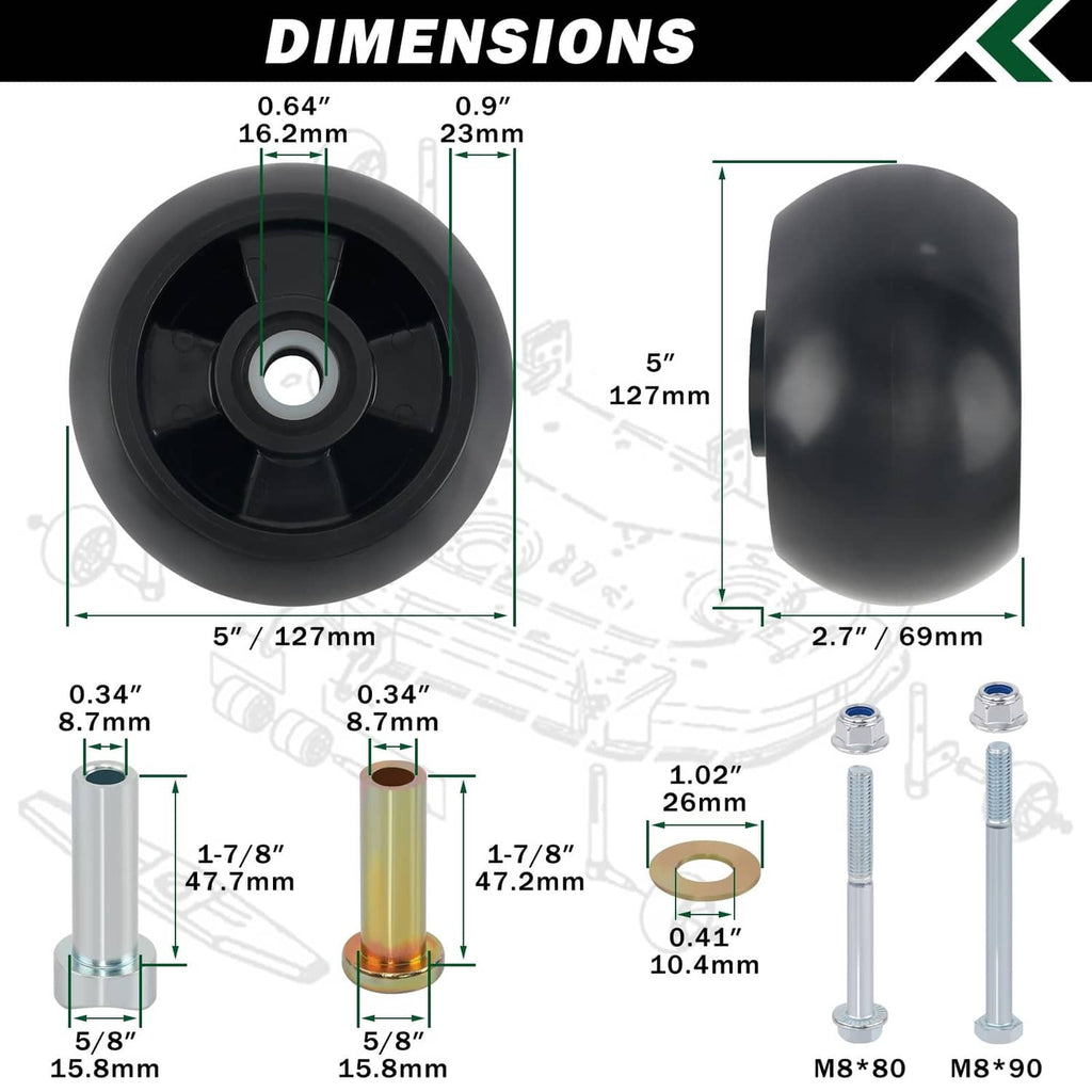 Lawn mower wheel size diagram showing a black 5-inch wheel and hardware dimensions