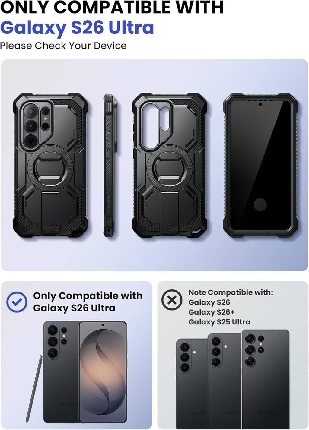 Rugged black Galaxy S26 Ultra phone case, shown from front, back, and side views