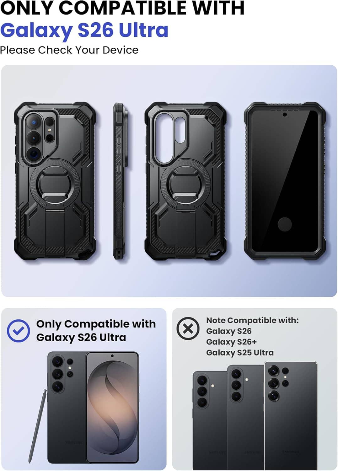 Rugged black Galaxy S26 Ultra phone case, shown from front, back, and side views