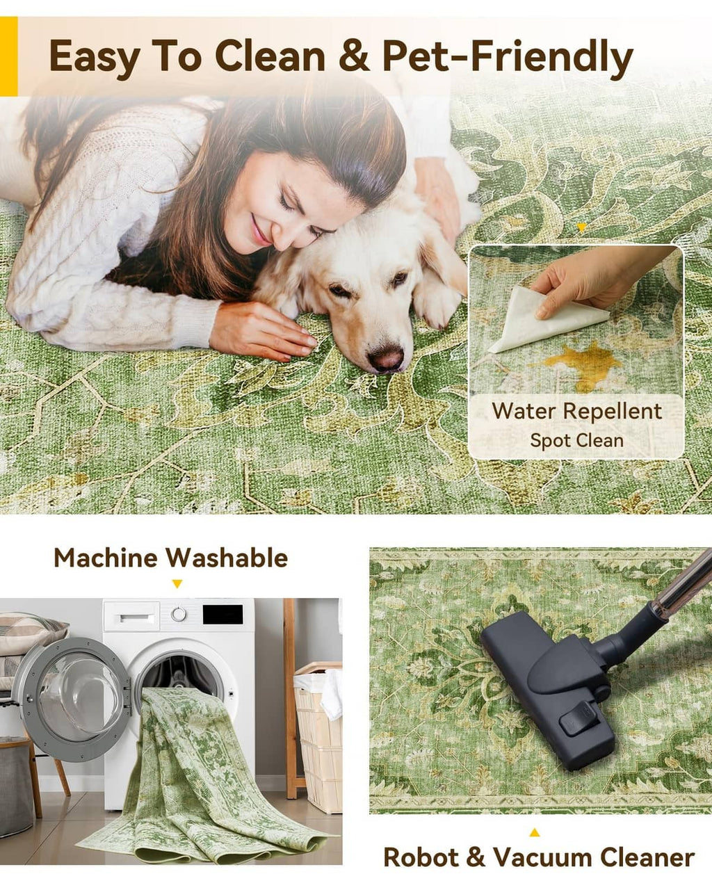 Washable green area rug with pet-friendly easy-clean and spot-clean icons