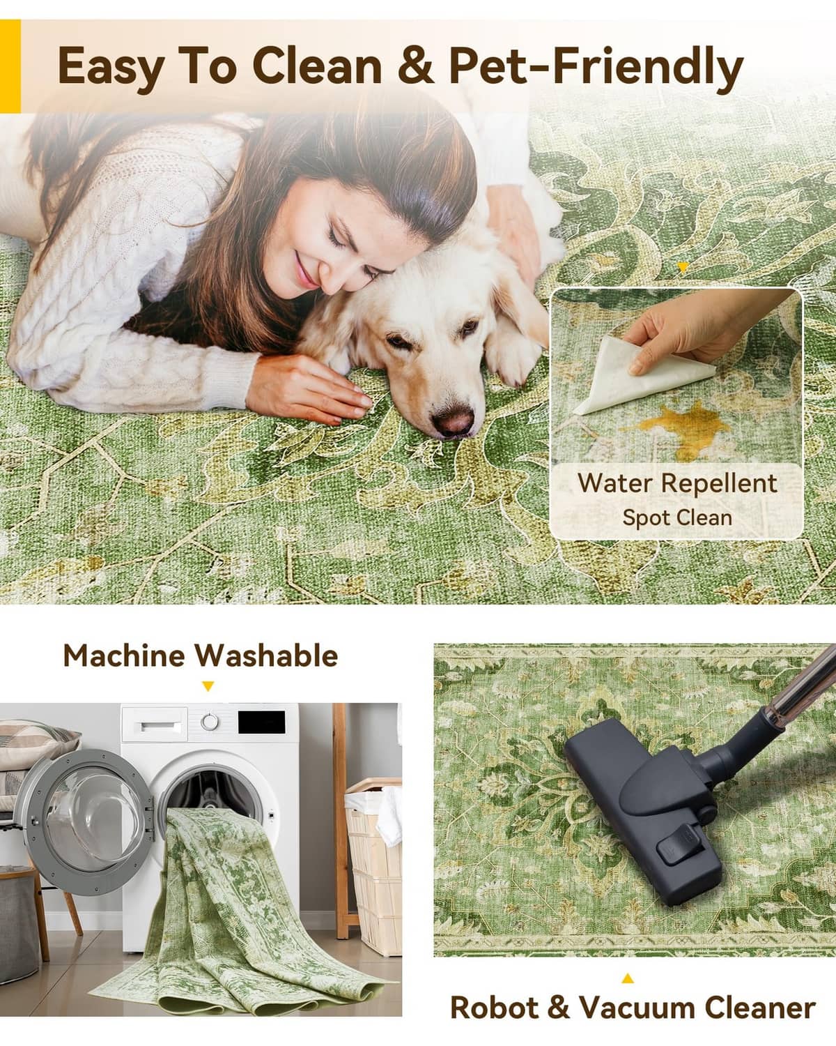 Washable green area rug with pet-friendly easy-clean and spot-clean icons