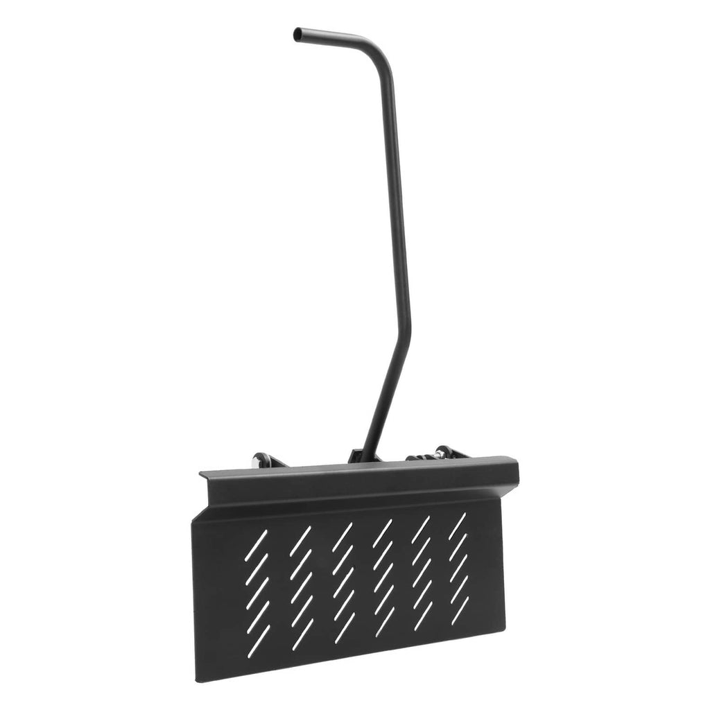 Black chute blocker shield with upright curved handle and mounting points