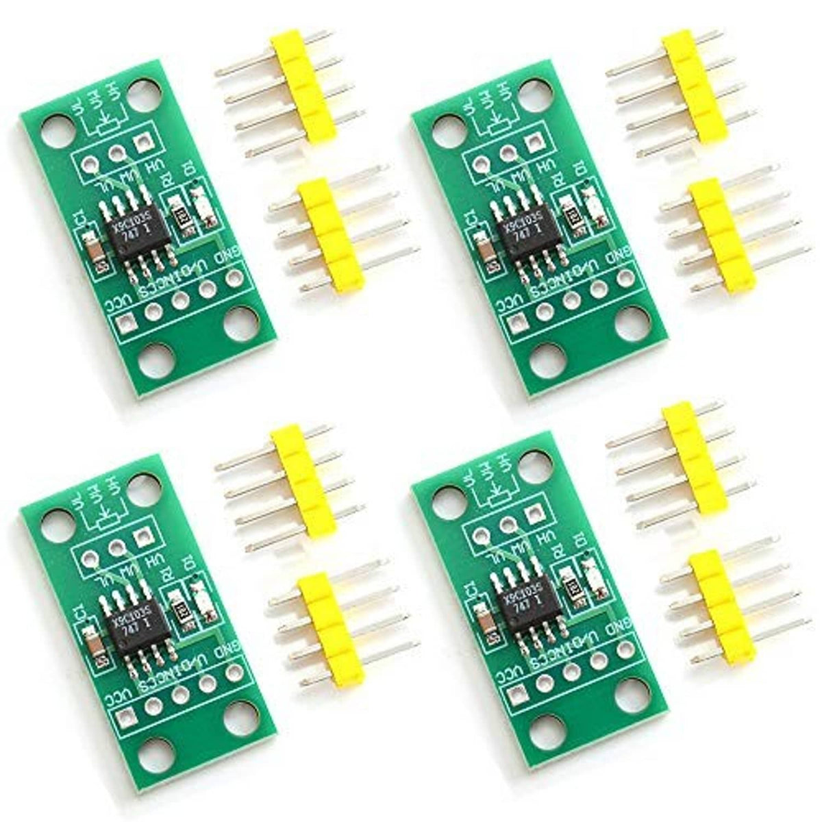 Four green PCB digital potentiometer modules with yellow pin headers, side by side