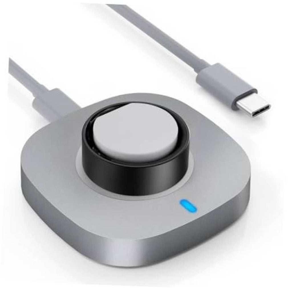 Gray charging dock with black ring cradle and blue LED indicator