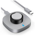 Gray charging dock with black ring cradle and blue LED indicator