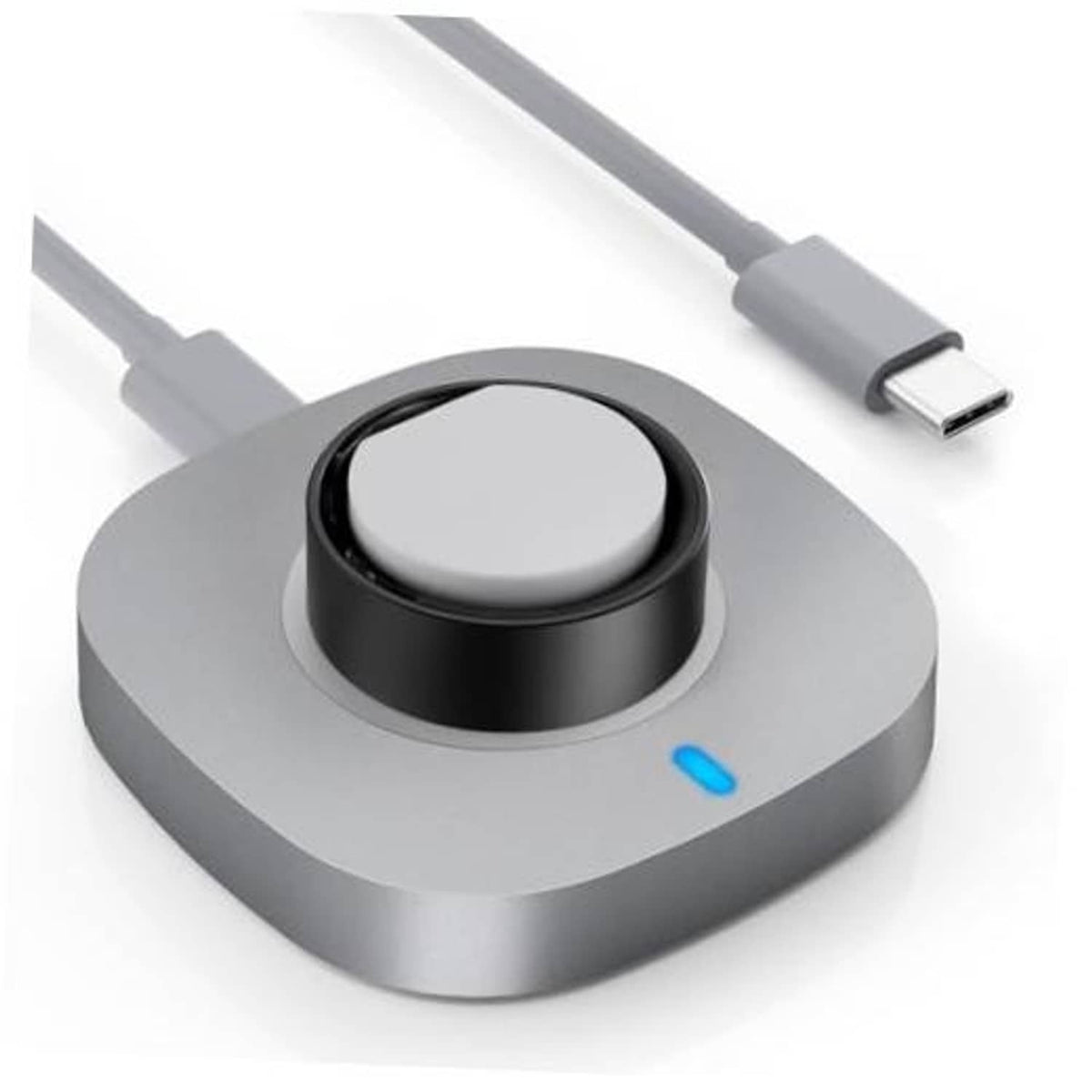 Gray charging dock with black ring cradle and blue LED indicator