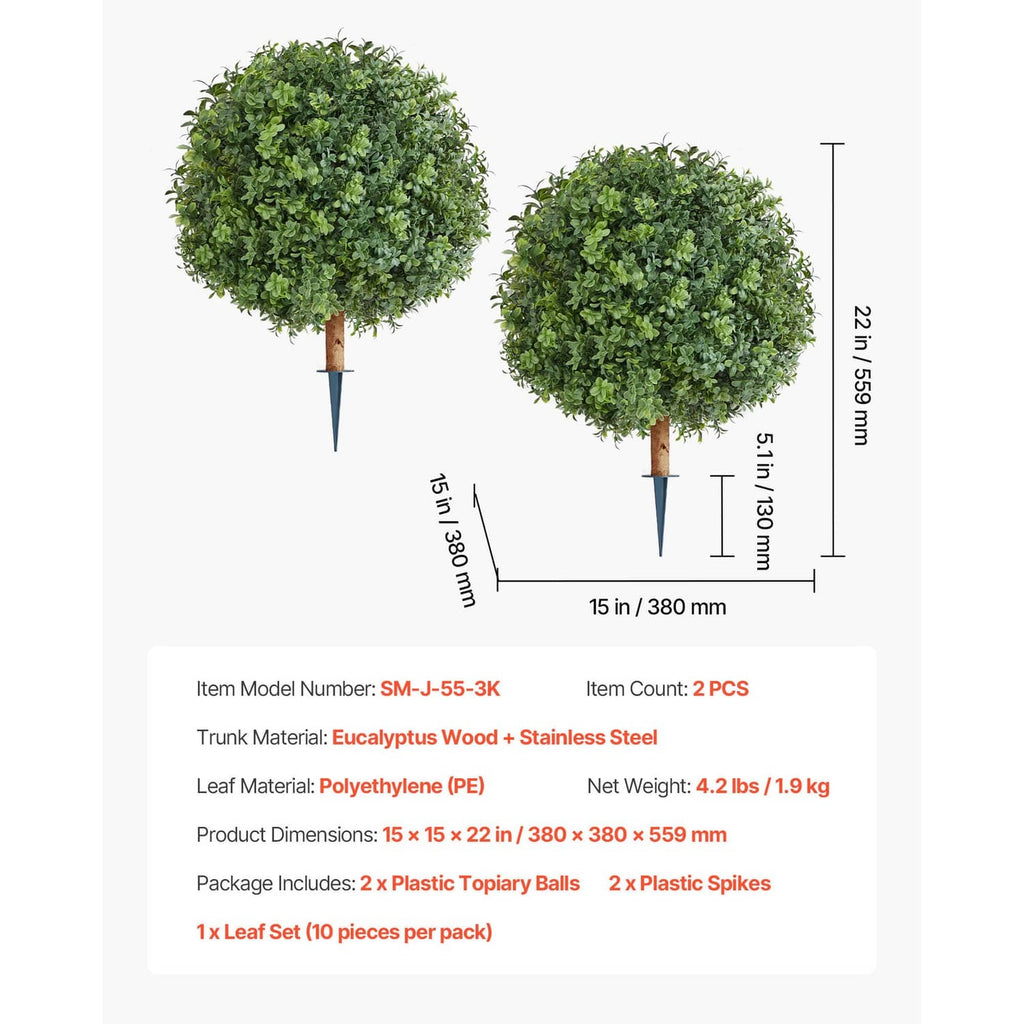 Two artificial boxwood topiary trees with rounded green canopies and ground spikes
