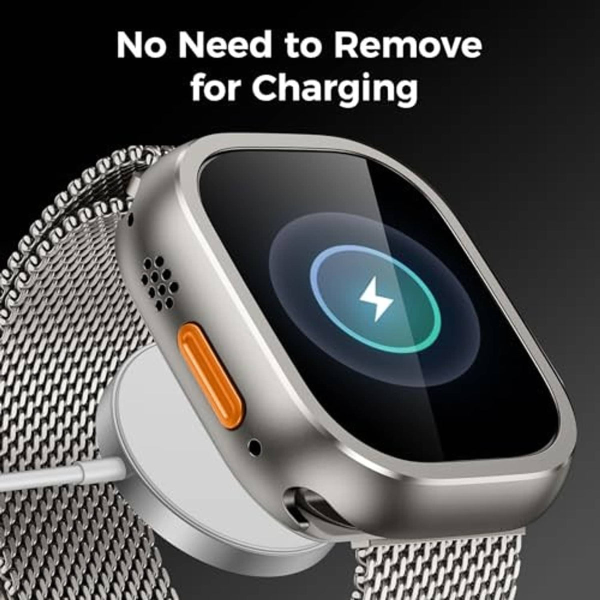 Silver metal watch case with clear screen protector, side charging port accessible