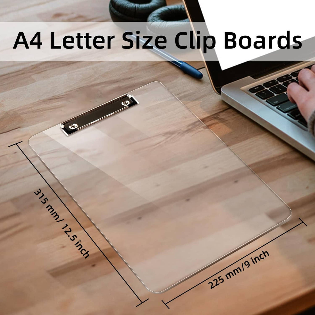 Transparent A4 clipboard with metal clip holding a blank paper sheet