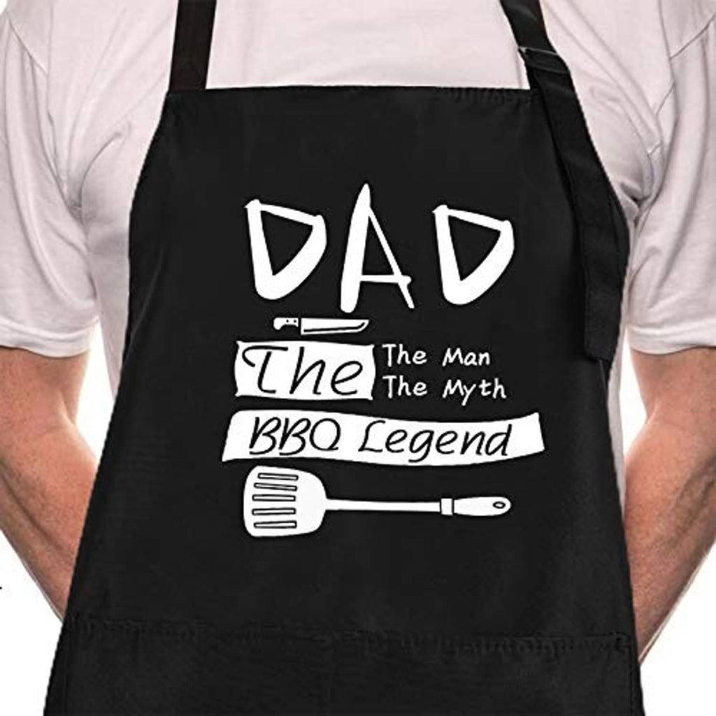Black BBQ apron with 'DAD The Man The Myth BBQ Legend' print, front view