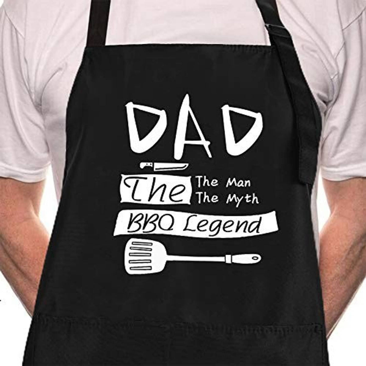 Black BBQ apron with 'DAD The Man The Myth BBQ Legend' print, front view