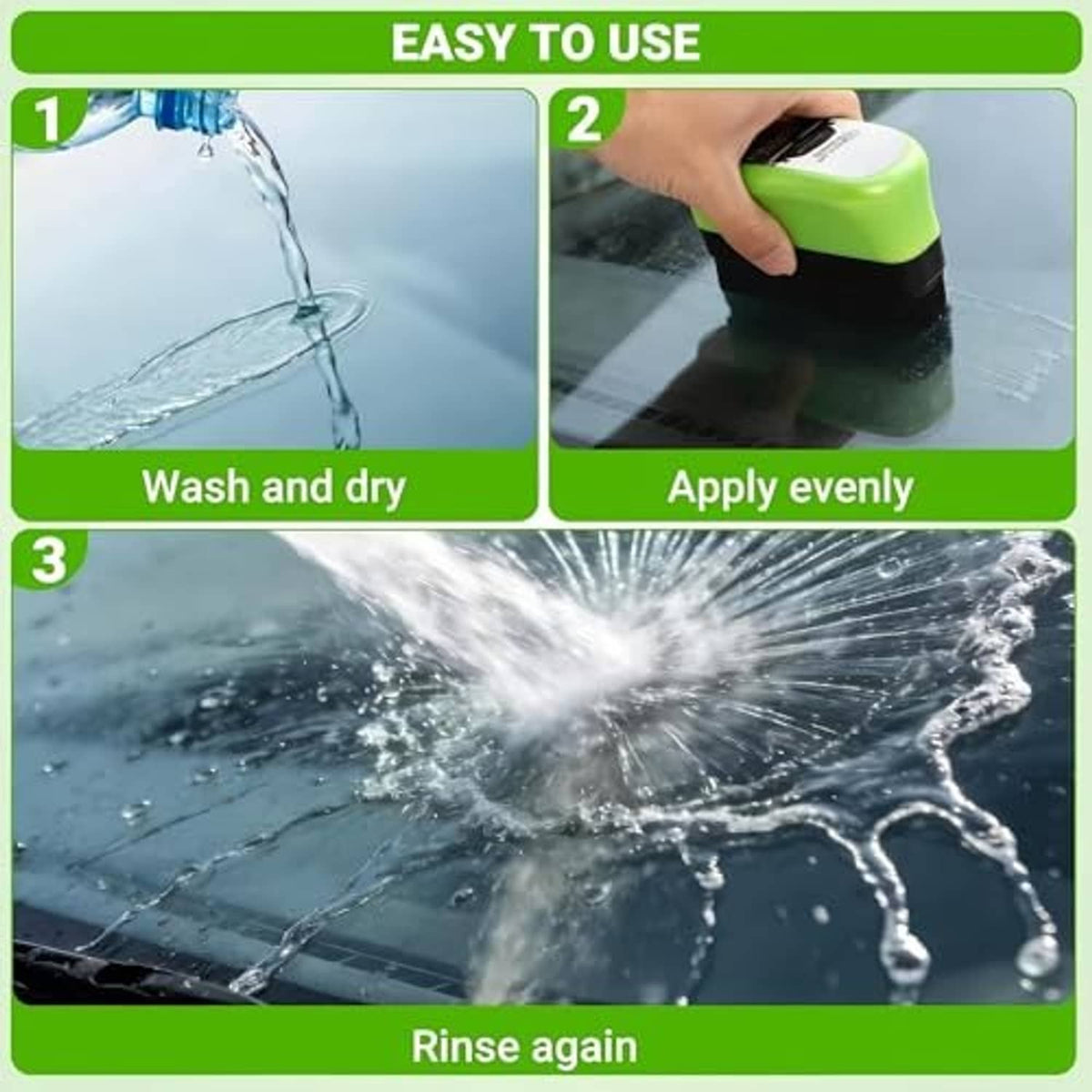 Green windshield cleaning brush used for wash, even application, and rinse