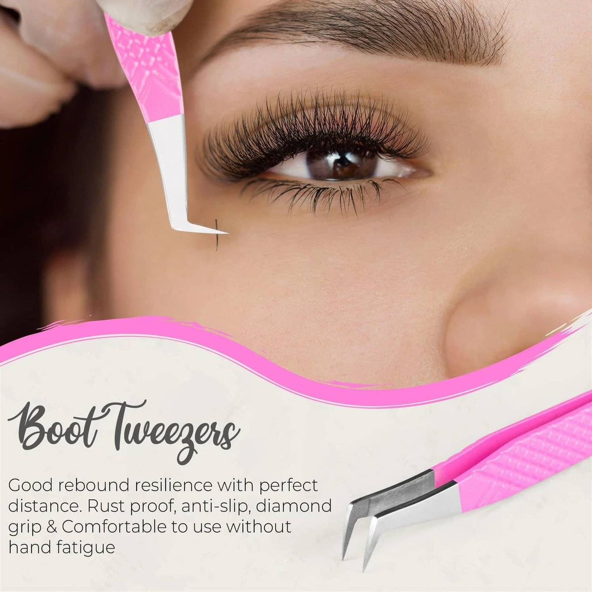 Pink boot-point eyelash tweezer applying extensions near the eye