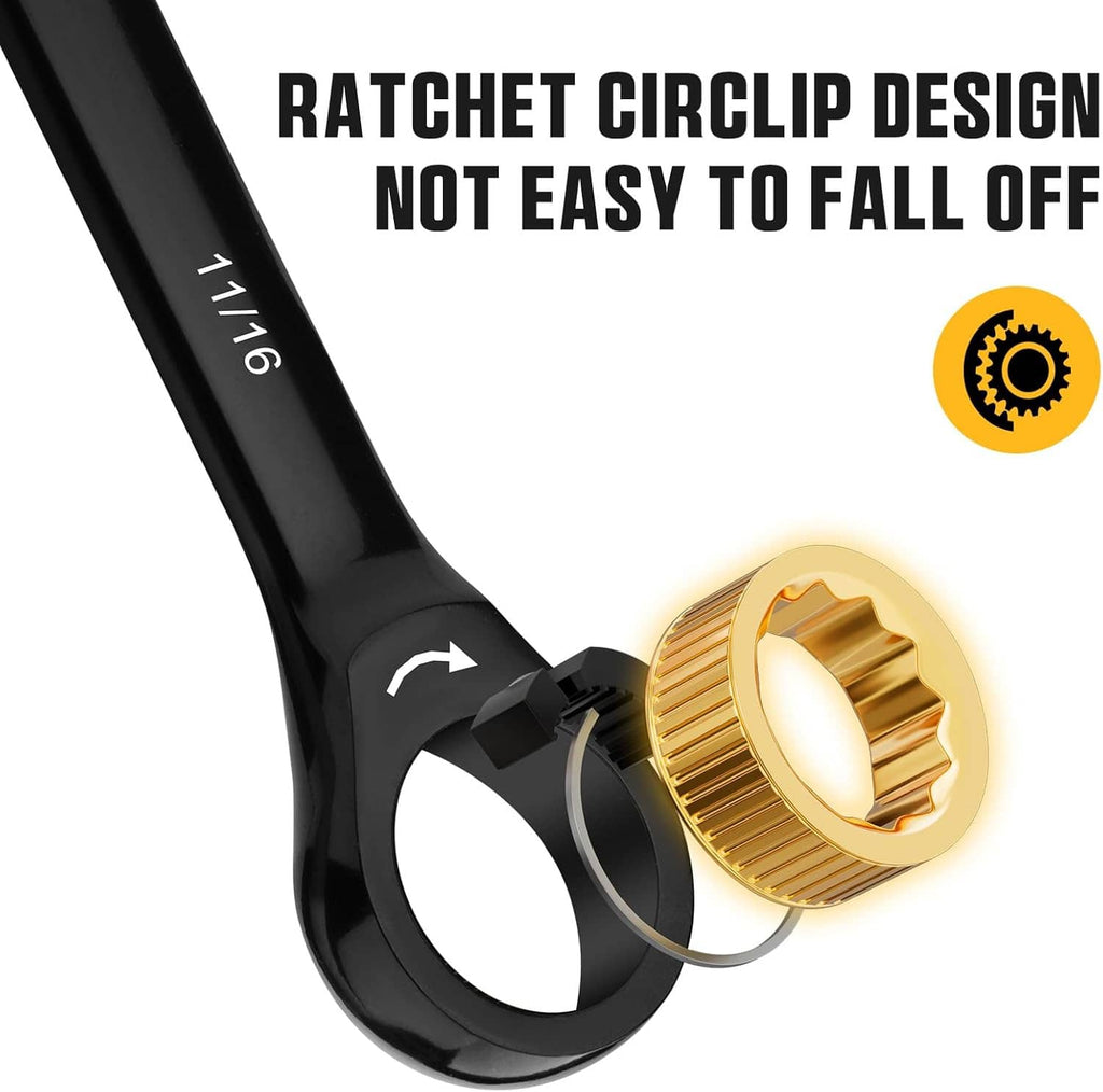 Ratcheting wrench head close-up with gold drive ring and anti-fall-off clip design