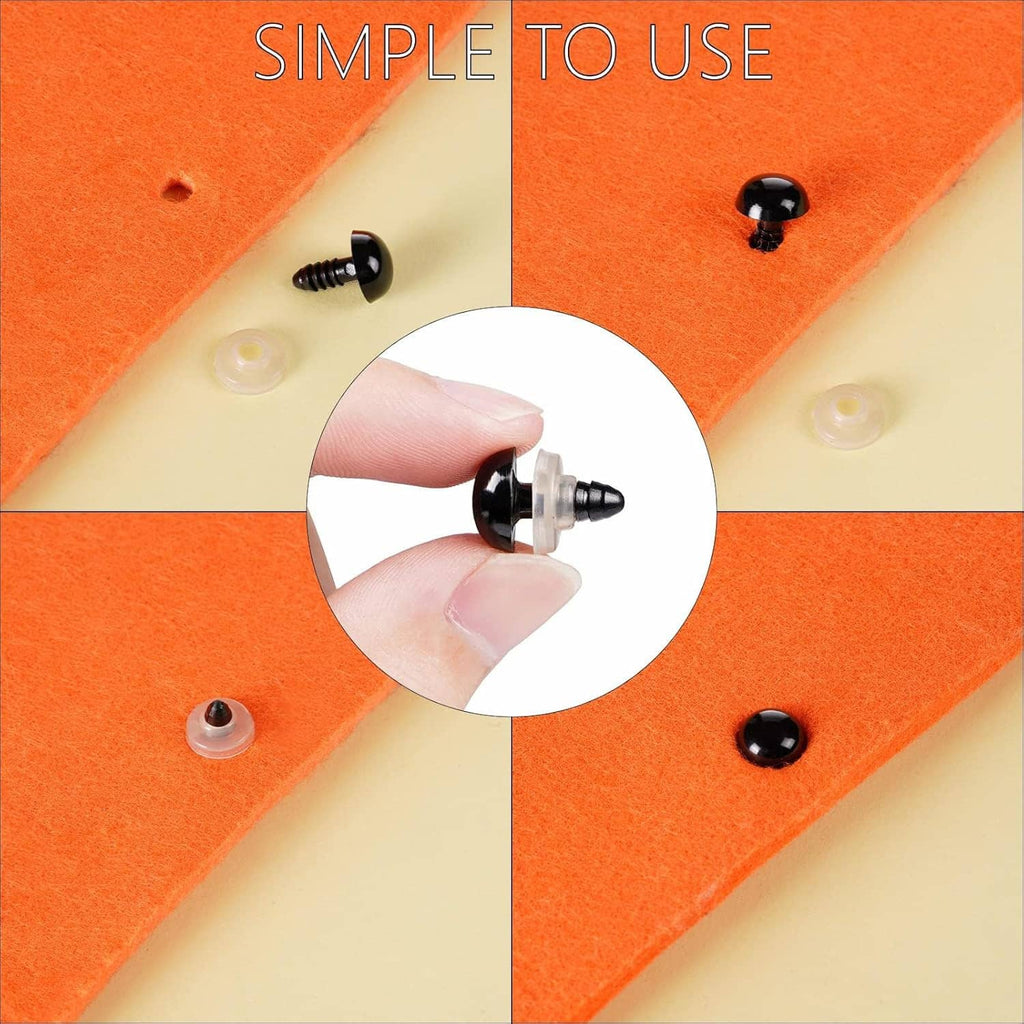 Plastic safety eye inserted into felt with snap-back locking pin, close-up