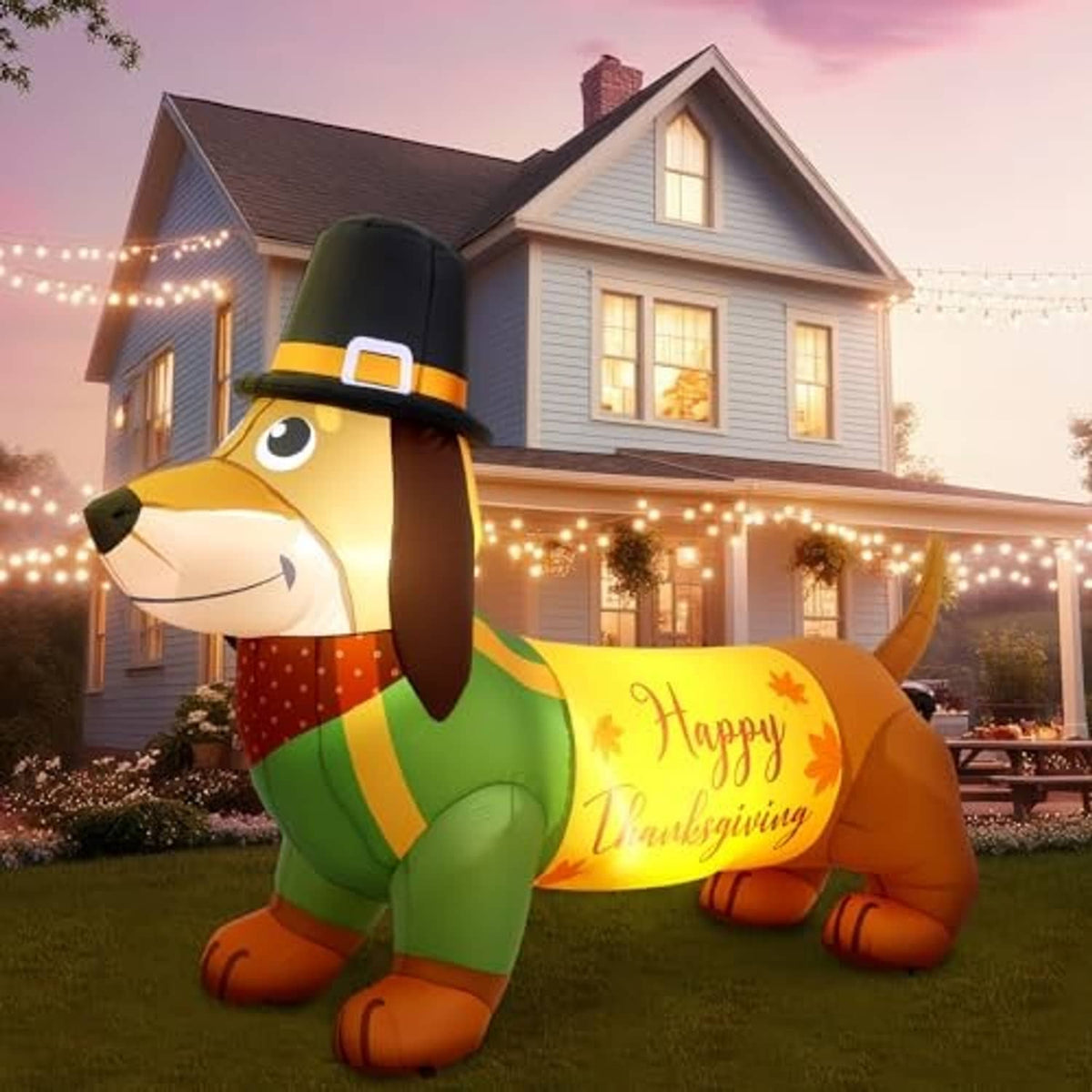 Inflatable dachshund Thanksgiving outdoor decoration with top hat and “Happy Thanksgiving” sign