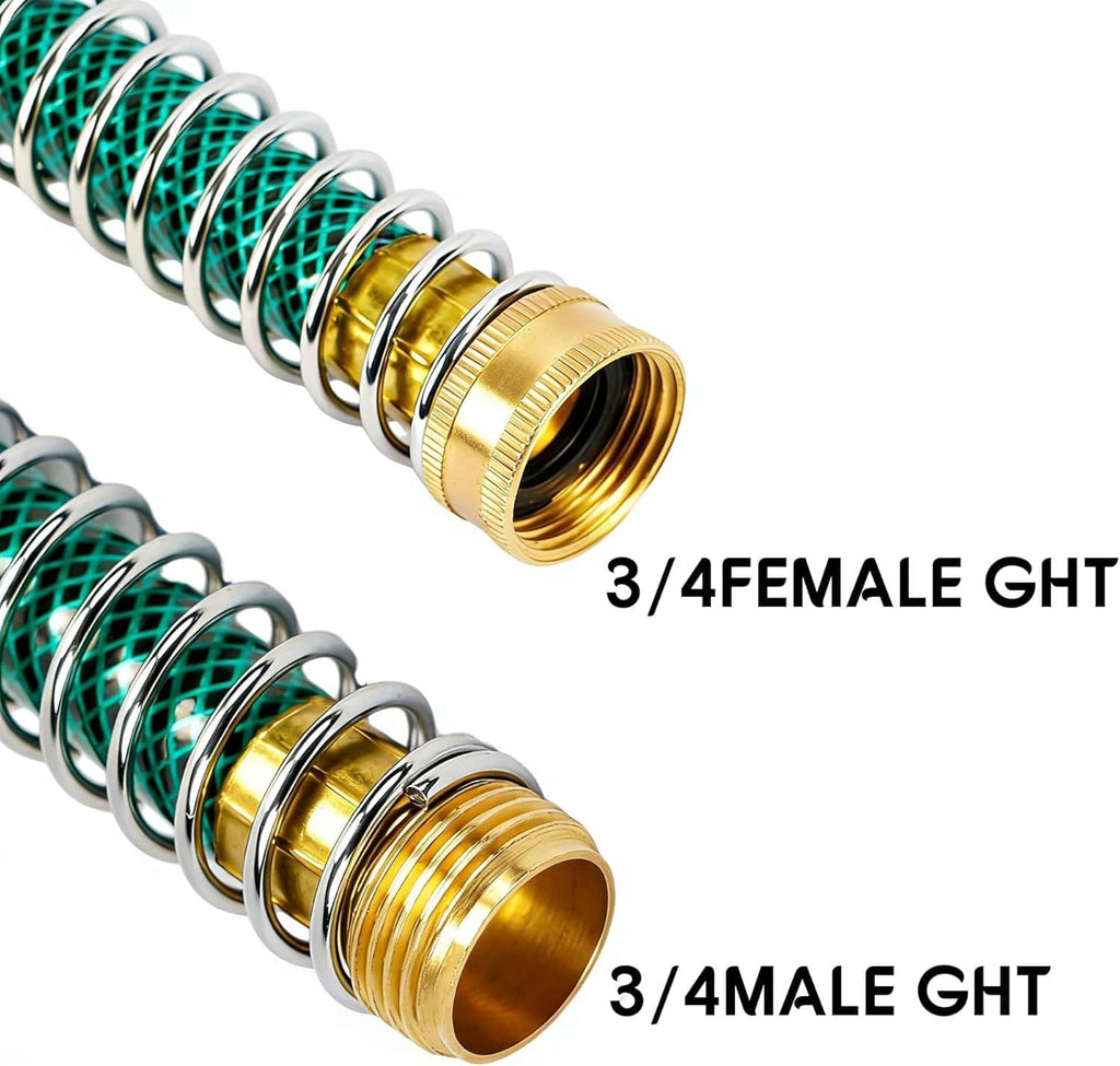 Brass hose connector with teal coil spring and two threaded end fittings