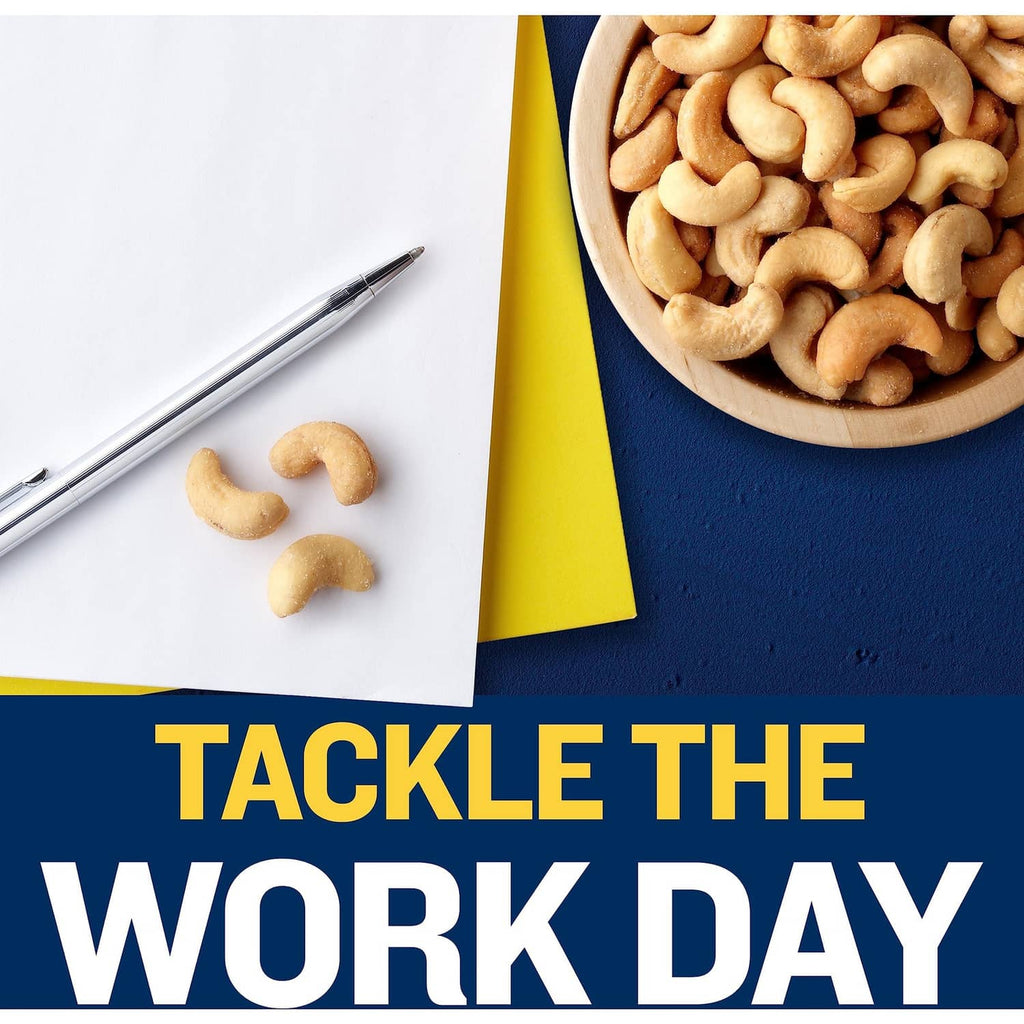 Bowl of salted cashews with work-day promotional graphic and scattered cashews