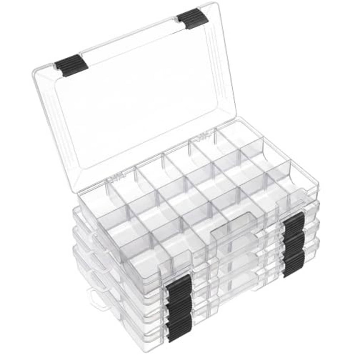 Clear tackle organizer box with open lid and divided interior compartments