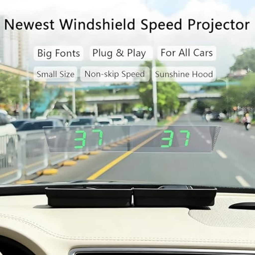 Car head-up display speedometer projecting green “37” on the windshield