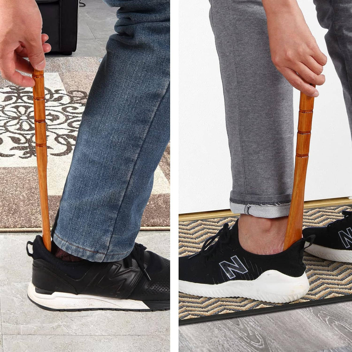 Wooden shoe horn in use, helping slide on black athletic sneakers