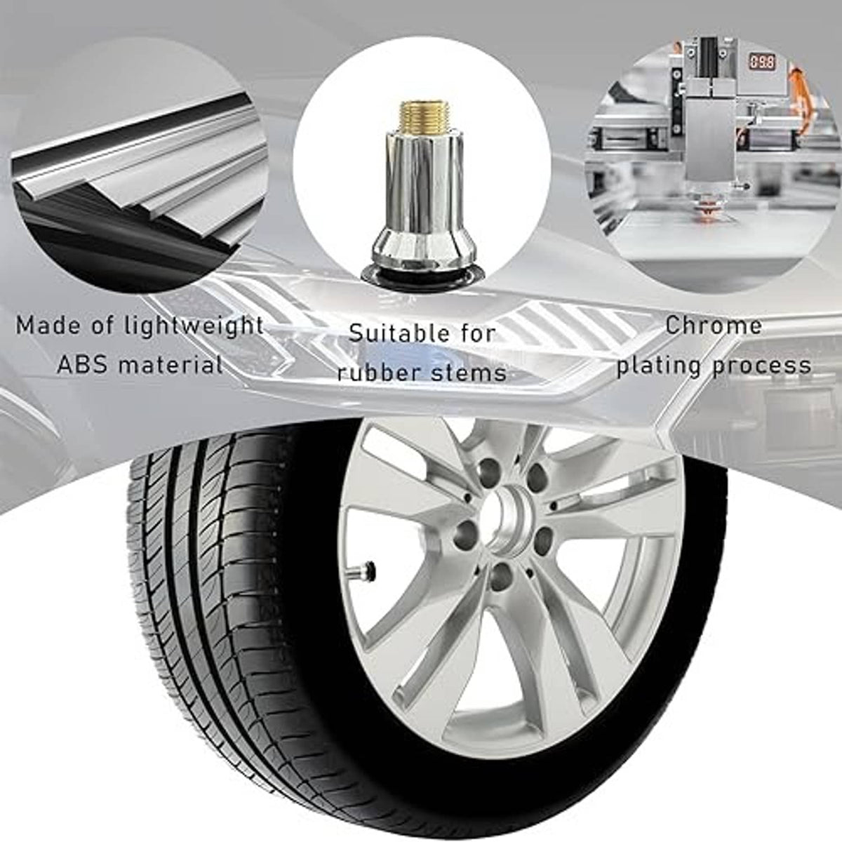 Chrome wheel valve stem cap with threaded brass insert and rubber seal, horn shape