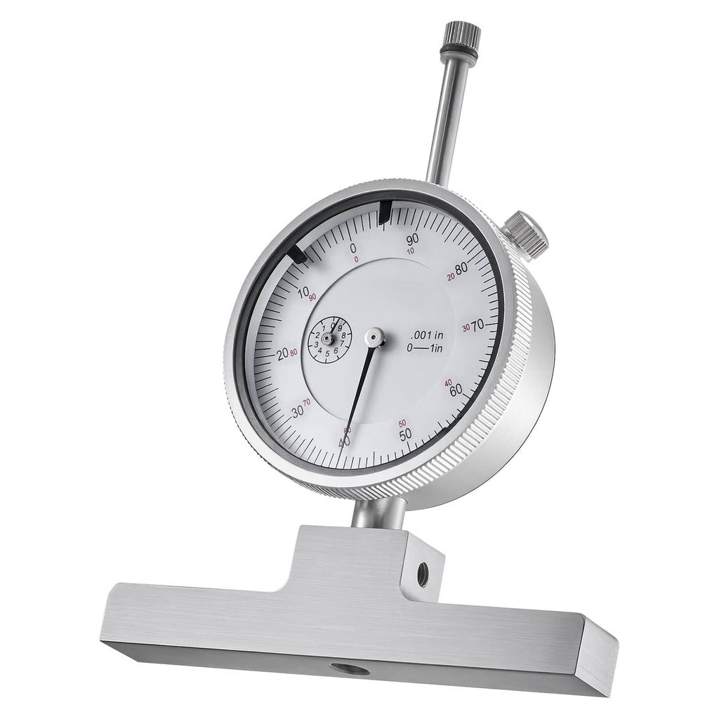 Depth gauge micrometer with round dial and metal base, includes measuring rod