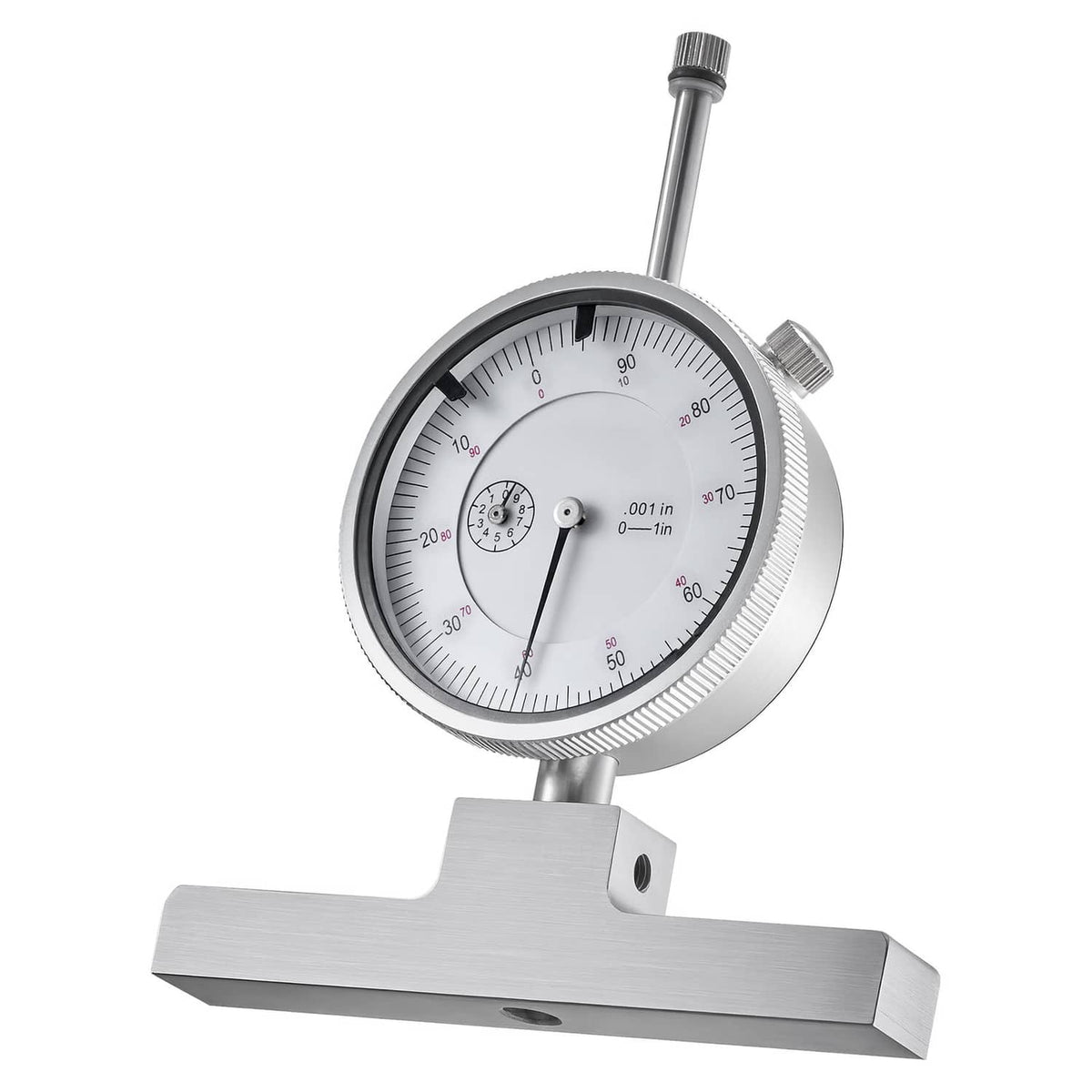 Depth gauge micrometer with round dial and metal base, includes measuring rod