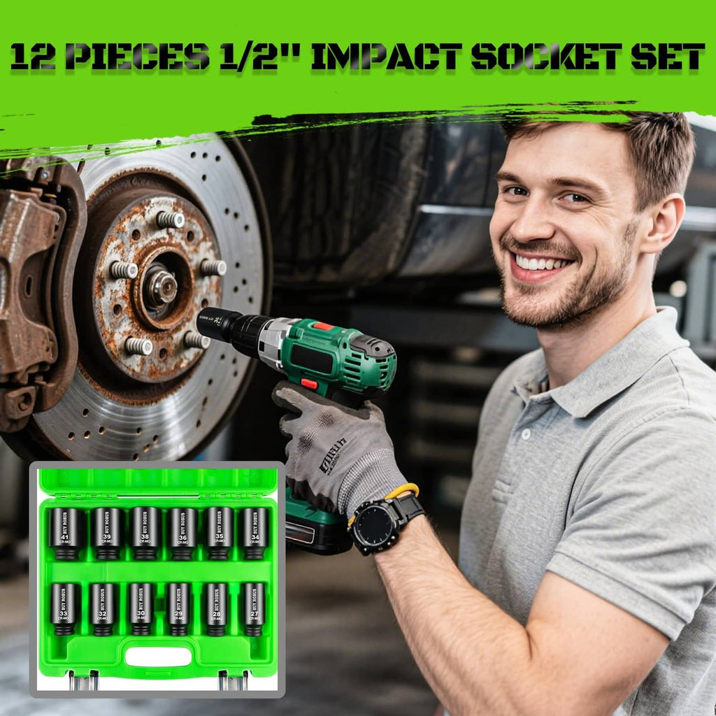 12-piece 1/2 in deep impact socket set with black sockets in a green case.