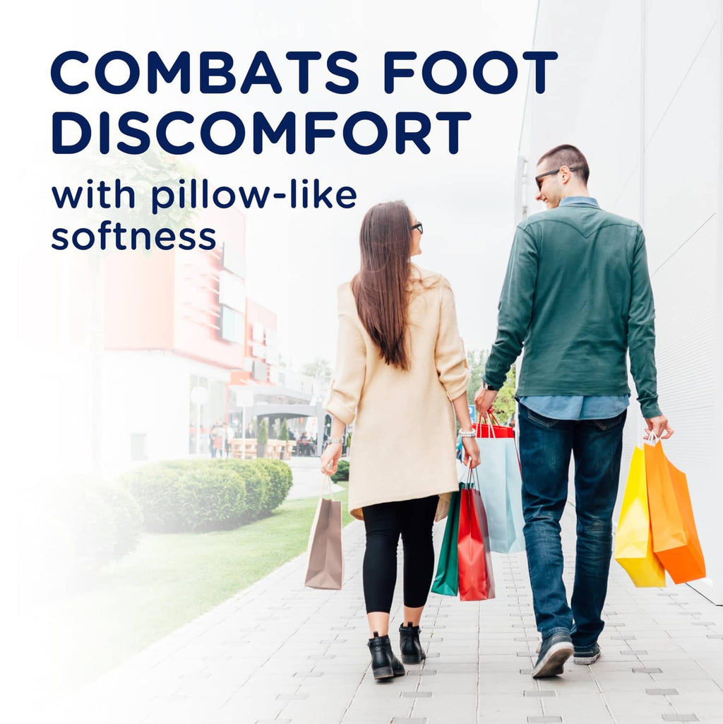 Comfort insole promotion graphic with shoppers carrying bags