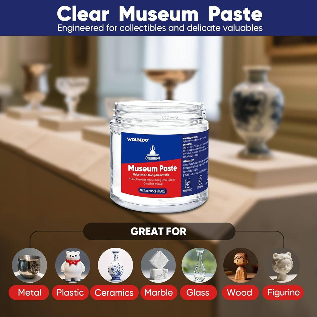 Clear museum paste container jar with blue label and white screw-top lid