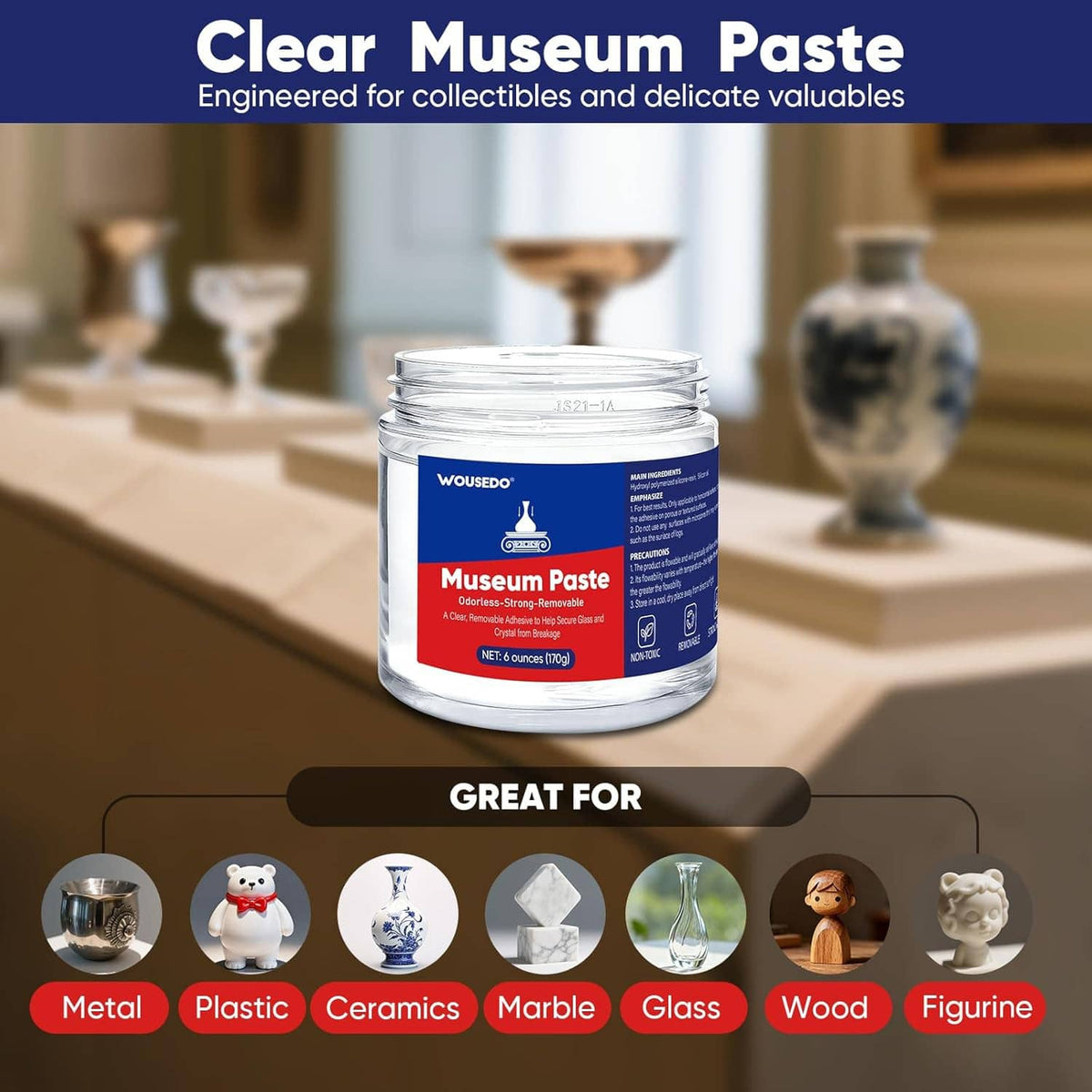 Clear museum paste container jar with blue label and white screw-top lid