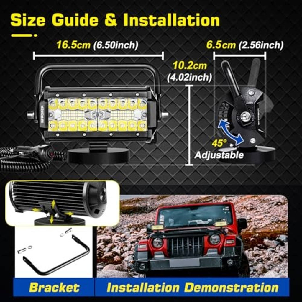 Black magnetic LED work light bar with adjustable bracket mount and magnetic base