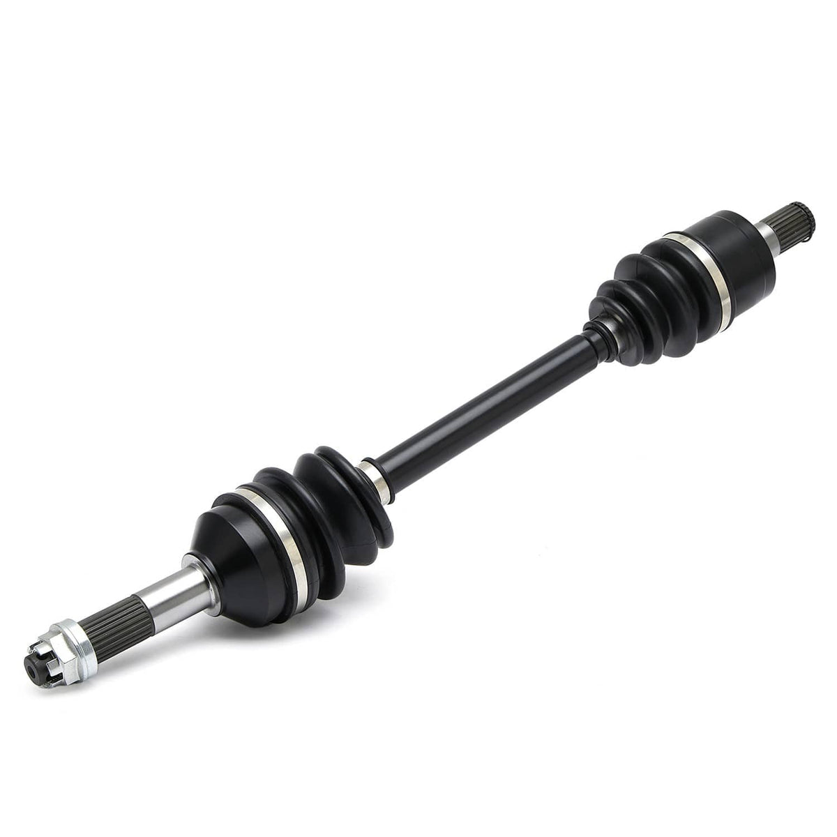 Rear CV axle shaft assembly with two black CV boots and metal splined ends